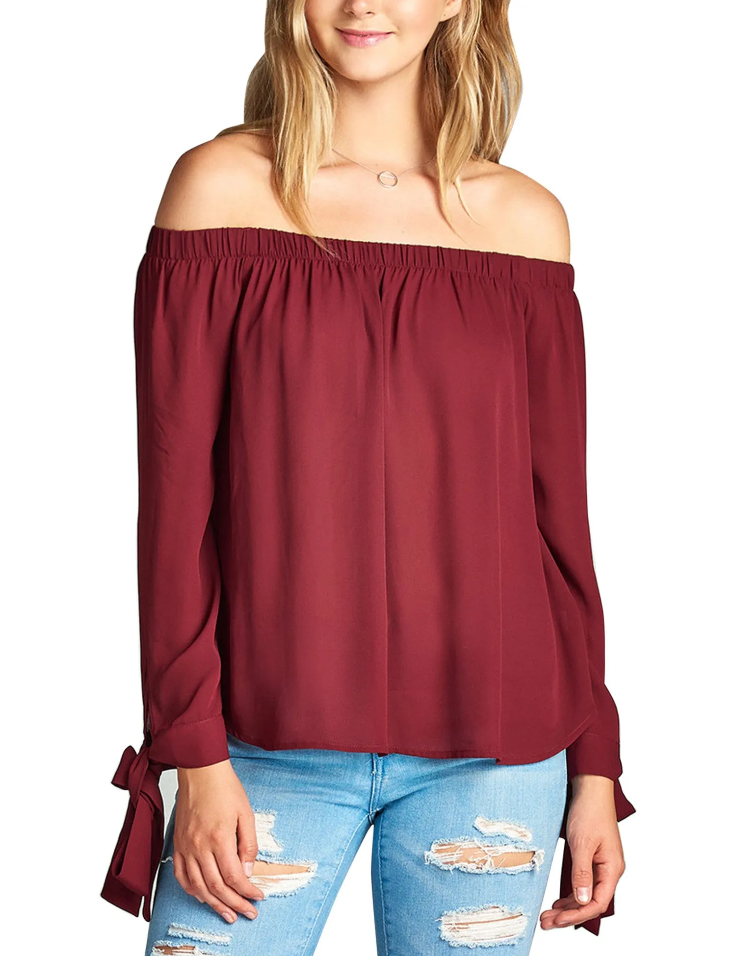 Womens Long Sleeve Tie Detail off the Shoulder Wool Dobby Top