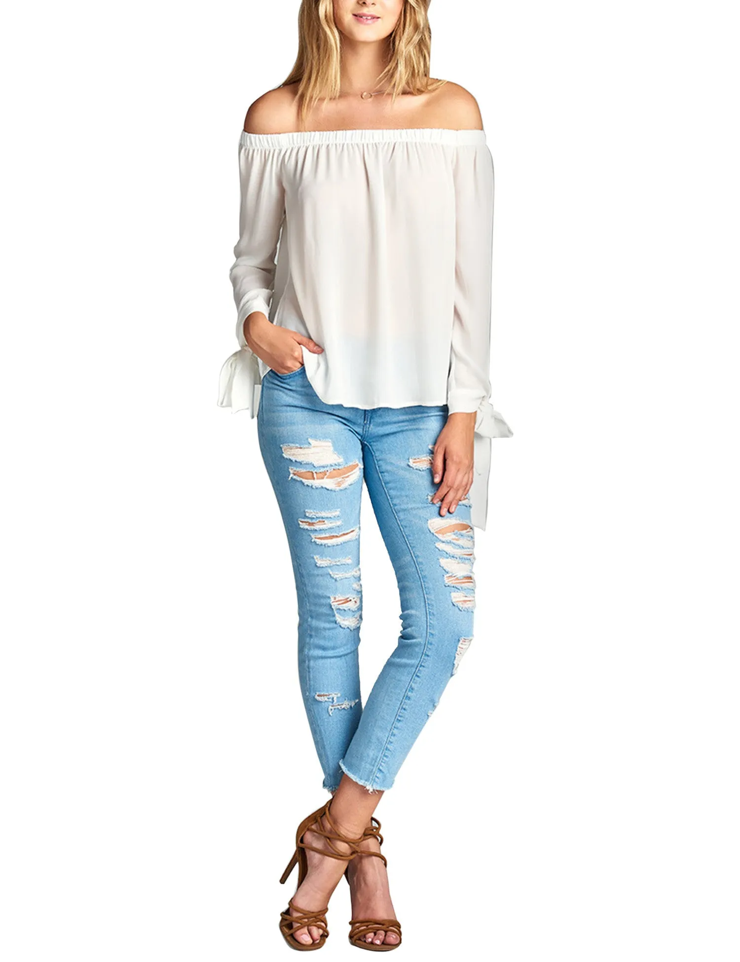 Womens Long Sleeve Tie Detail off the Shoulder Wool Dobby Top