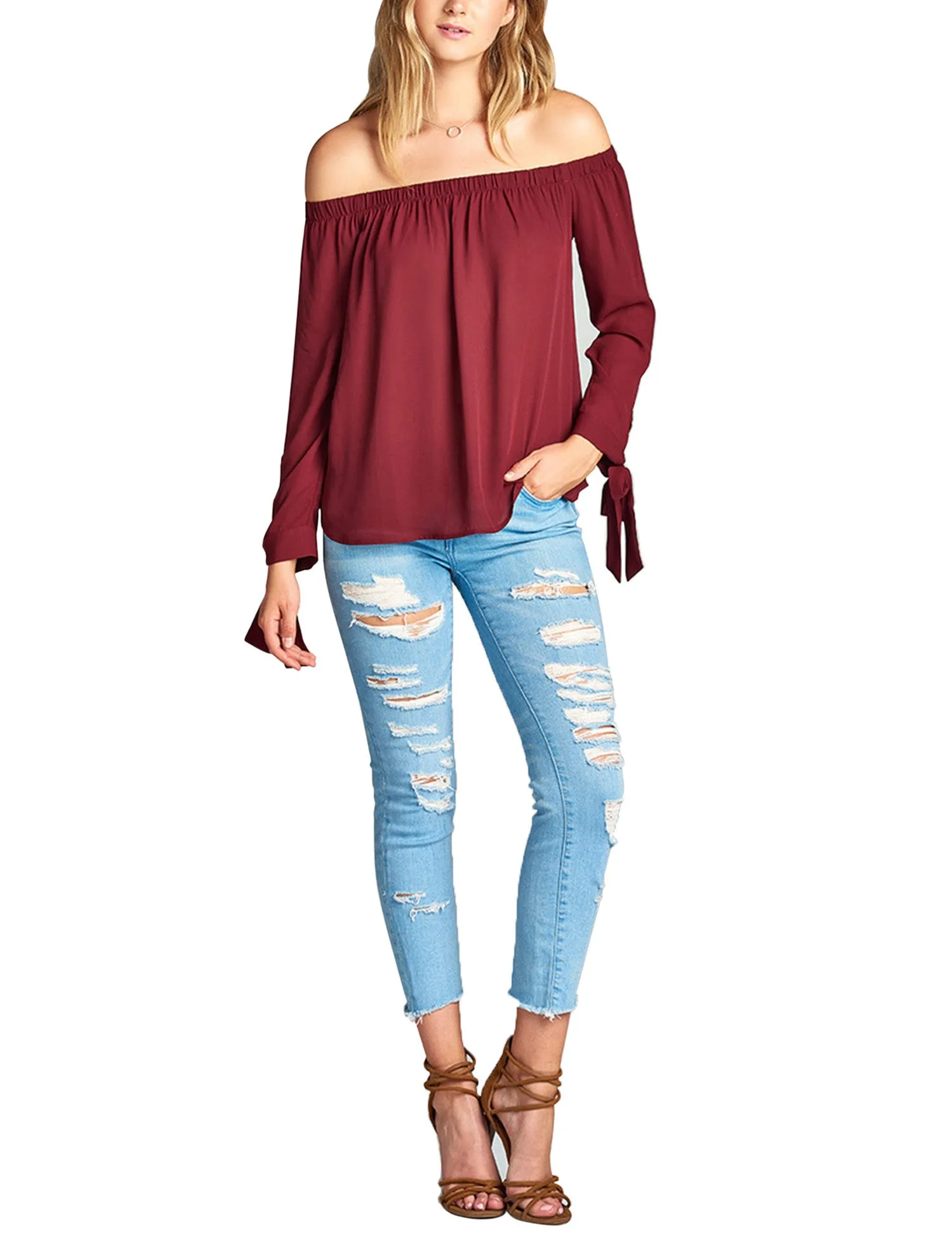 Womens Long Sleeve Tie Detail off the Shoulder Wool Dobby Top