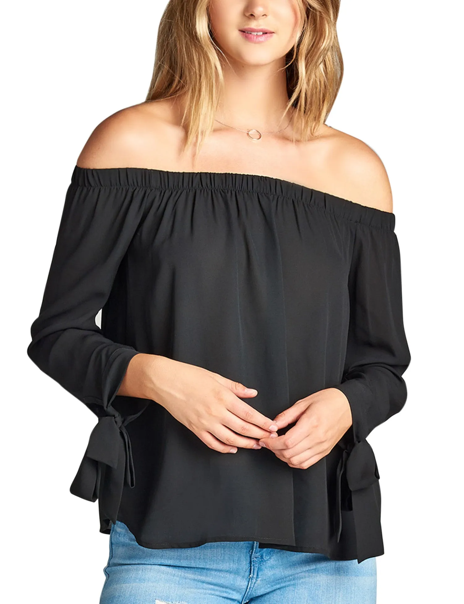 Womens Long Sleeve Tie Detail off the Shoulder Wool Dobby Top
