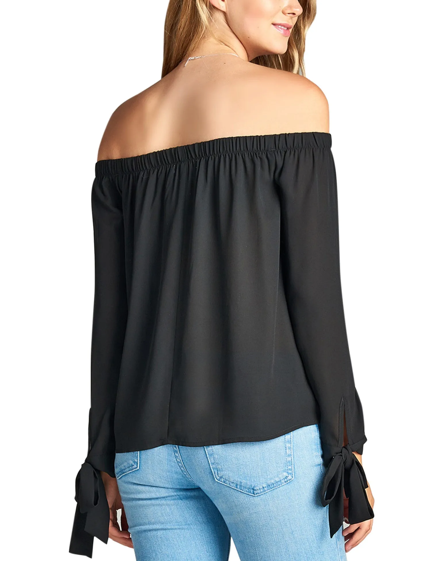 Womens Long Sleeve Tie Detail off the Shoulder Wool Dobby Top