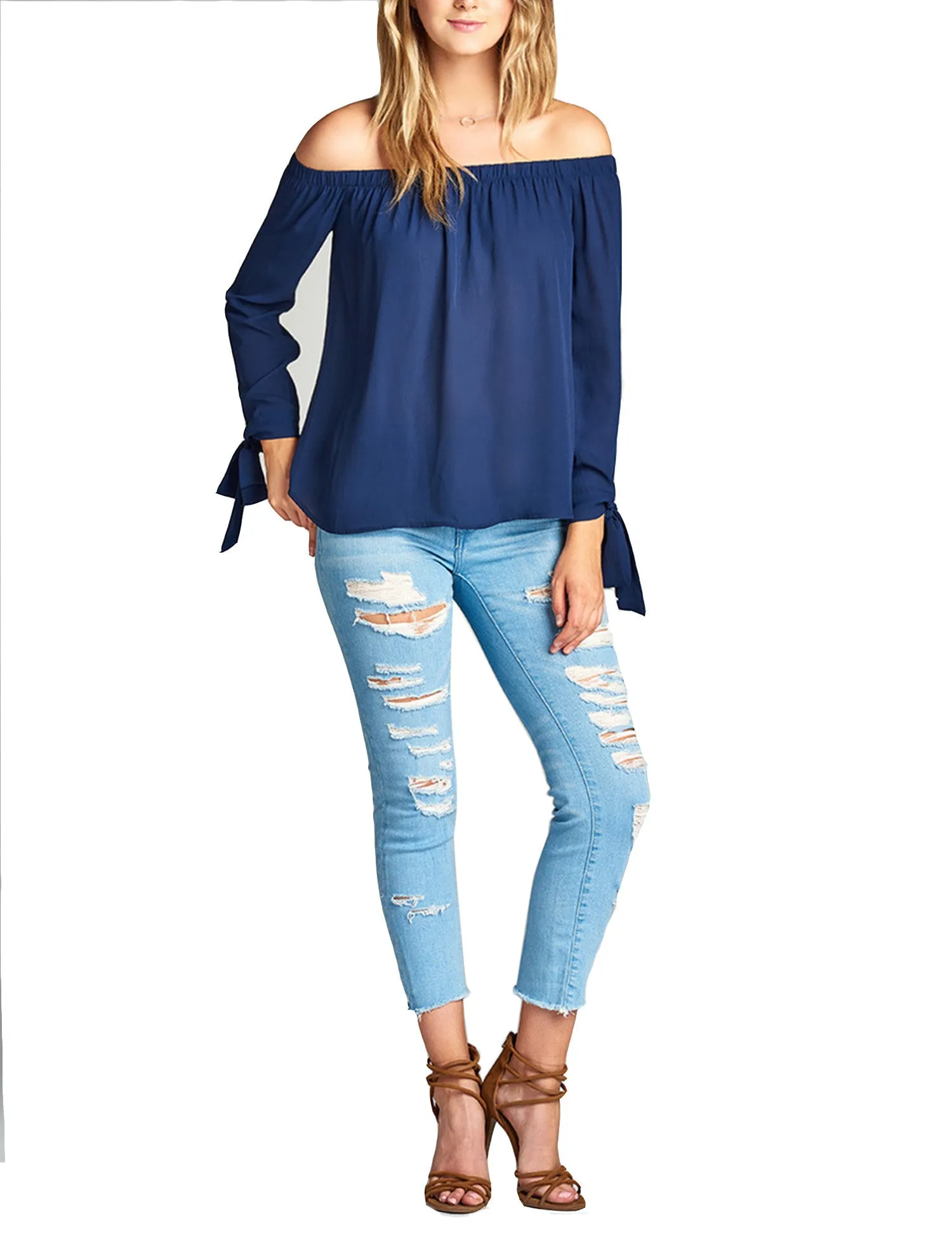 Womens Long Sleeve Tie Detail off the Shoulder Wool Dobby Top