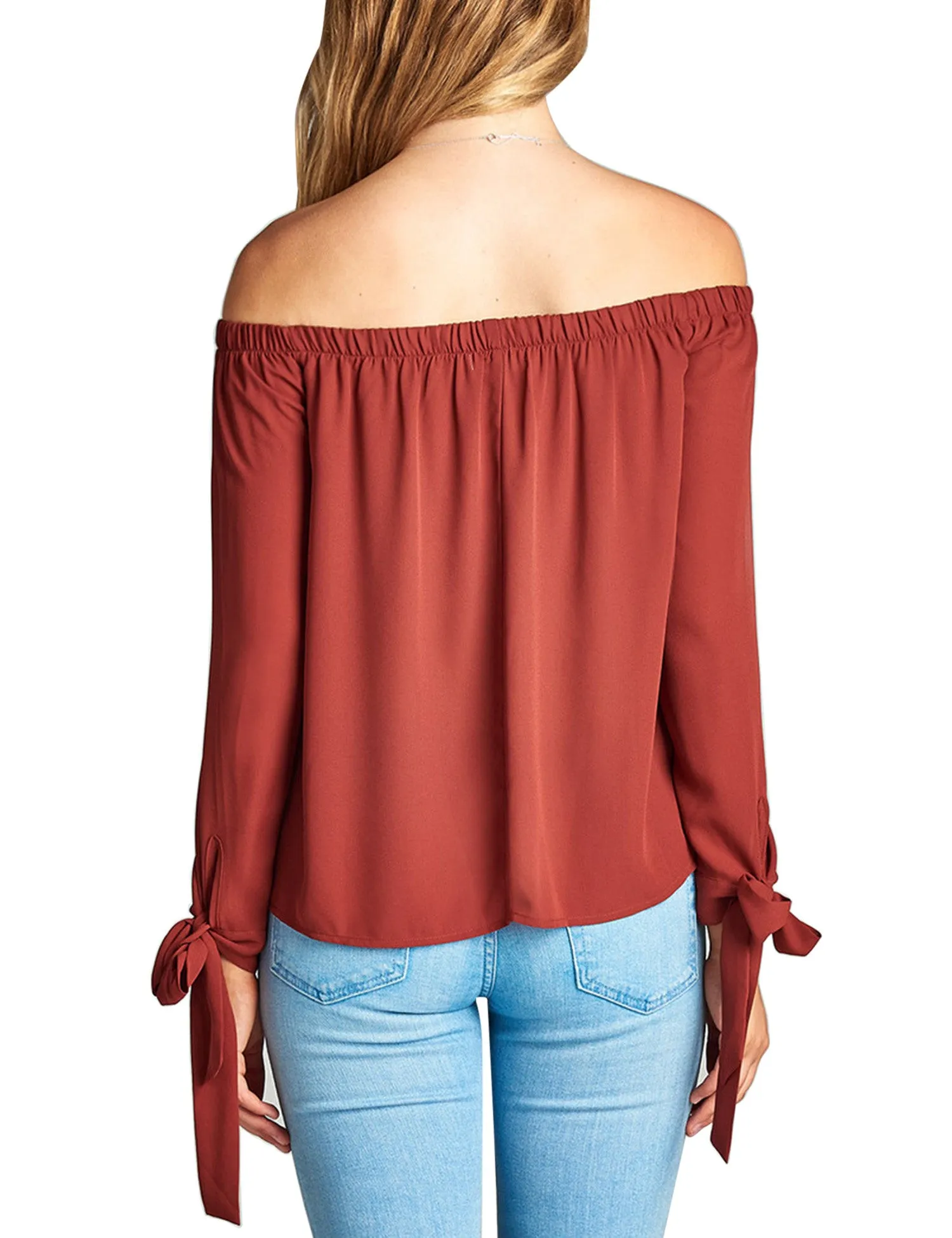 Womens Long Sleeve Tie Detail off the Shoulder Wool Dobby Top