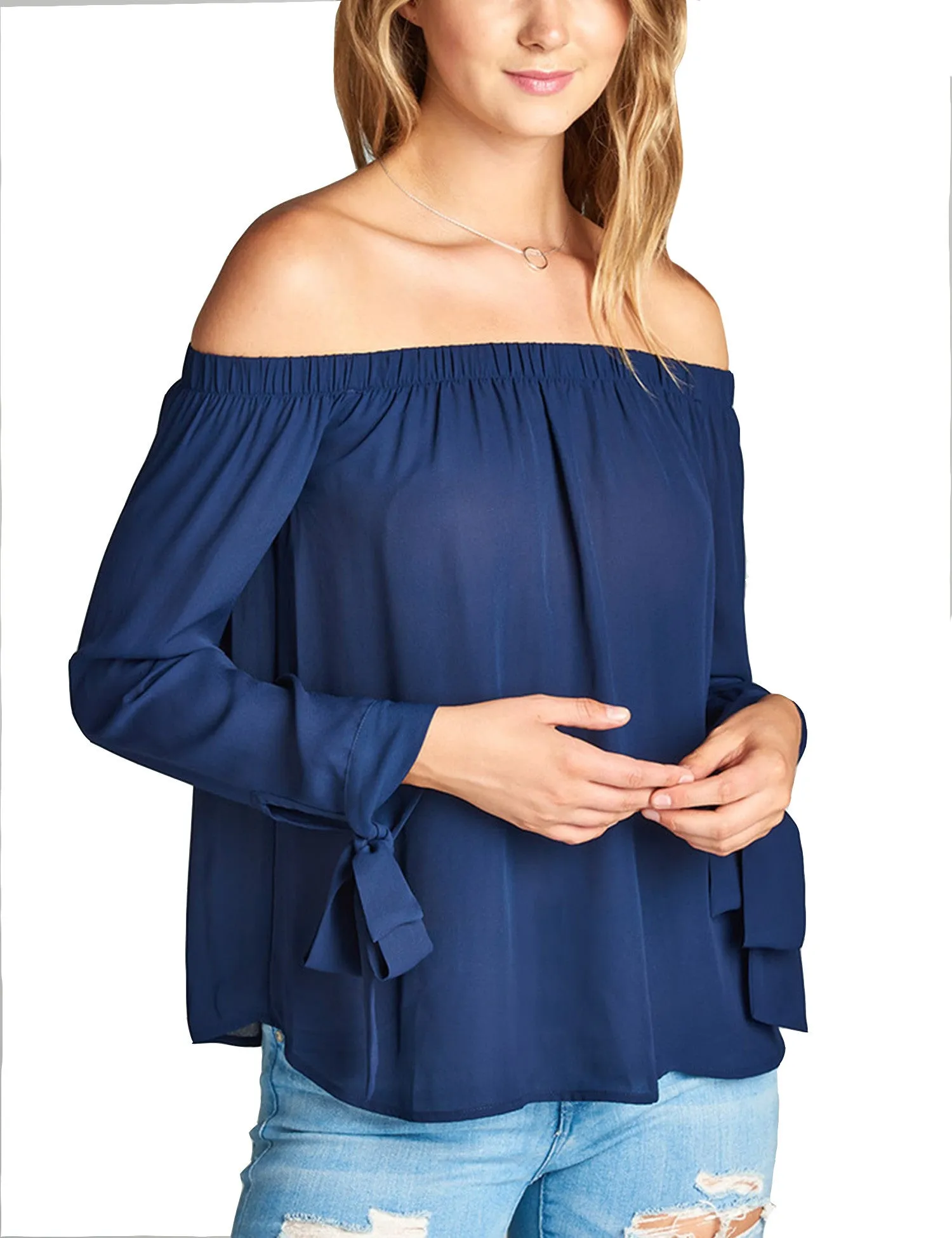 Womens Long Sleeve Tie Detail off the Shoulder Wool Dobby Top