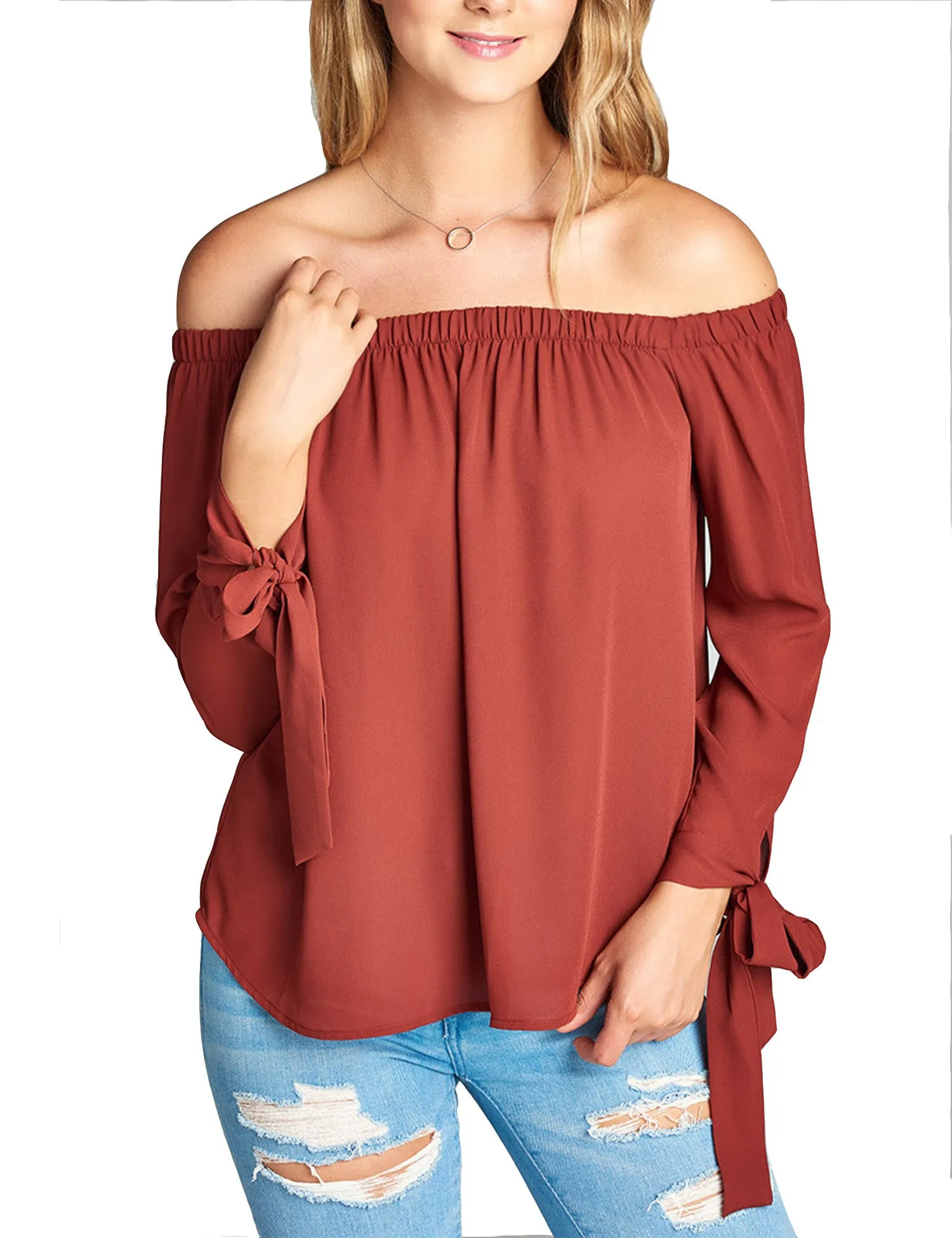 Womens Long Sleeve Tie Detail off the Shoulder Wool Dobby Top