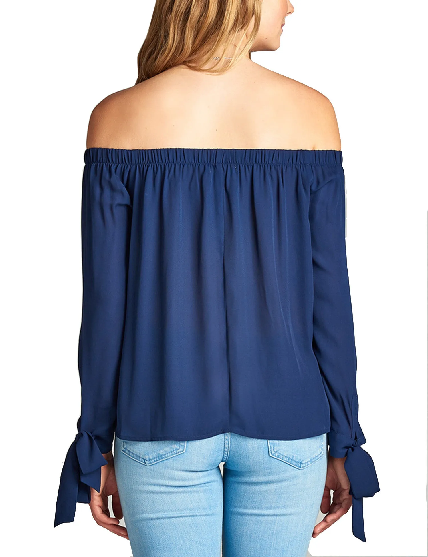 Womens Long Sleeve Tie Detail off the Shoulder Wool Dobby Top