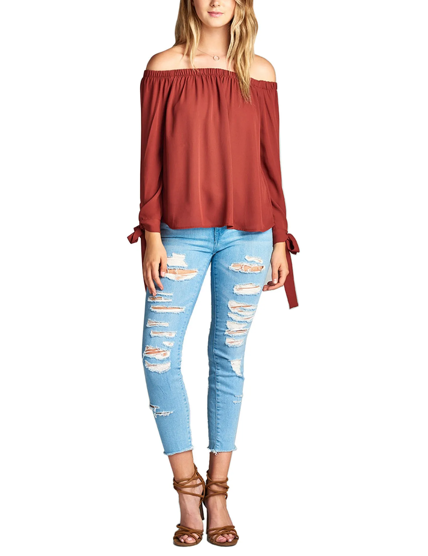 Womens Long Sleeve Tie Detail off the Shoulder Wool Dobby Top