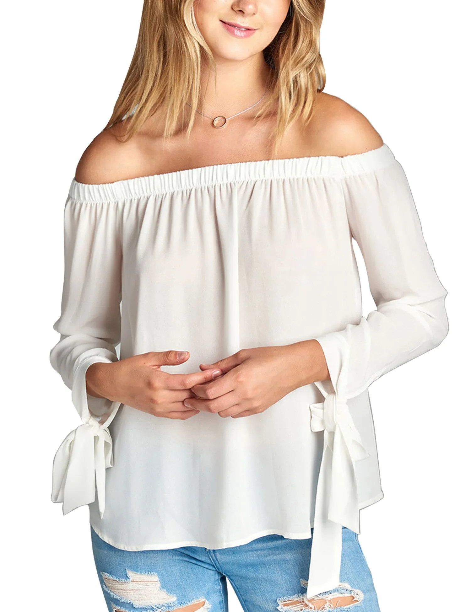 Womens Long Sleeve Tie Detail off the Shoulder Wool Dobby Top