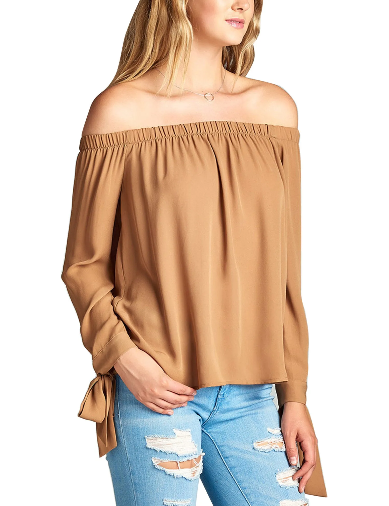 Womens Long Sleeve Tie Detail off the Shoulder Wool Dobby Top