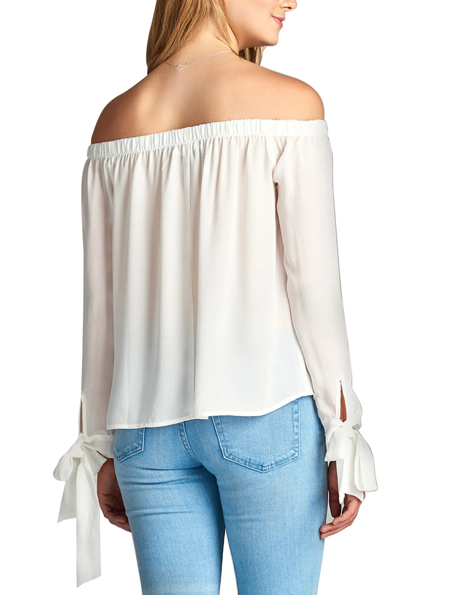 Womens Long Sleeve Tie Detail off the Shoulder Wool Dobby Top