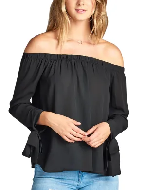 Womens Long Sleeve Tie Detail off the Shoulder Wool Dobby Top