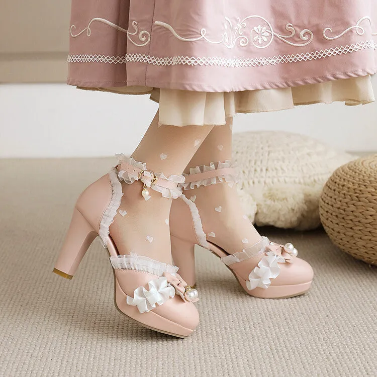 Women's Pearls Lolita Lace Butterfly Knot Chunky Heel Platform Sandals