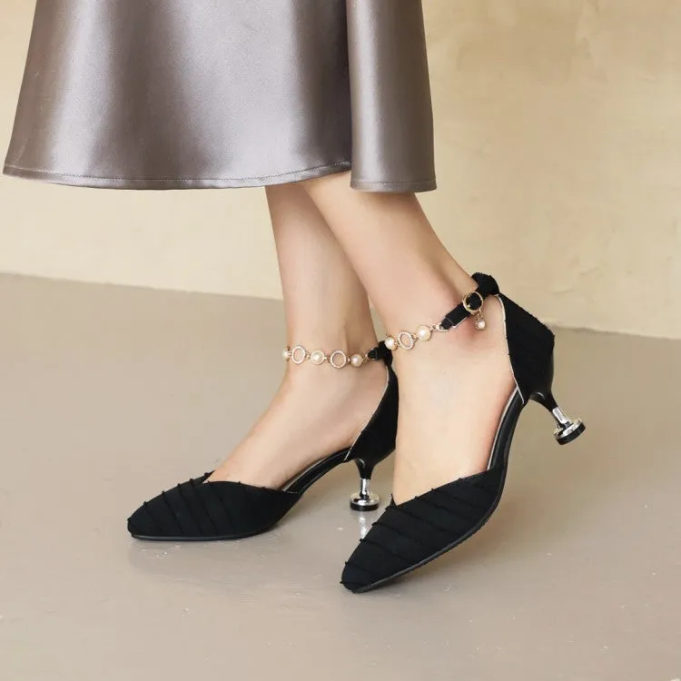 Women's Pointed Toe Hollow Out Metal Pearls Chains Ankle Strap Spool Heel Sandals