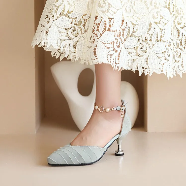 Women's Pointed Toe Hollow Out Metal Pearls Chains Ankle Strap Spool Heel Sandals