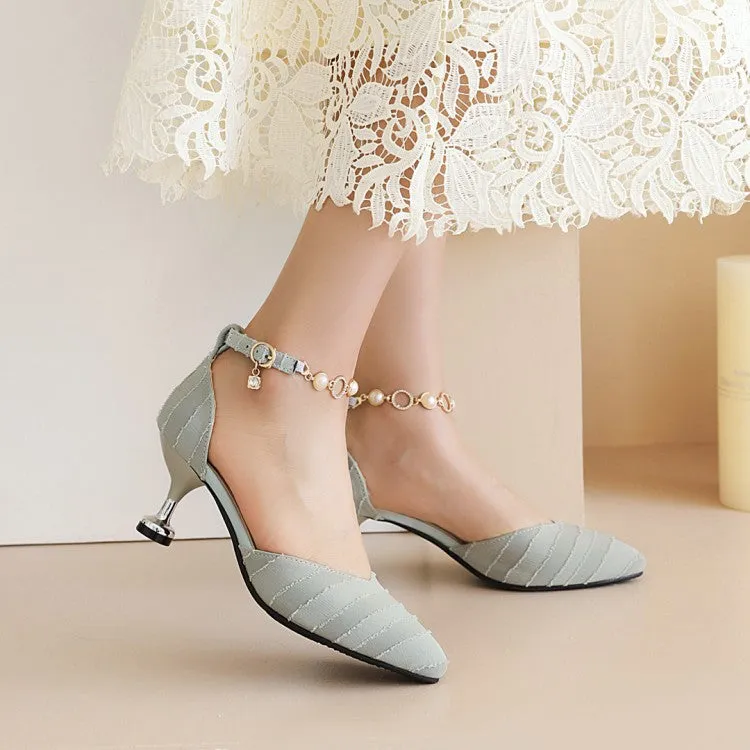 Women's Pointed Toe Hollow Out Metal Pearls Chains Ankle Strap Spool Heel Sandals