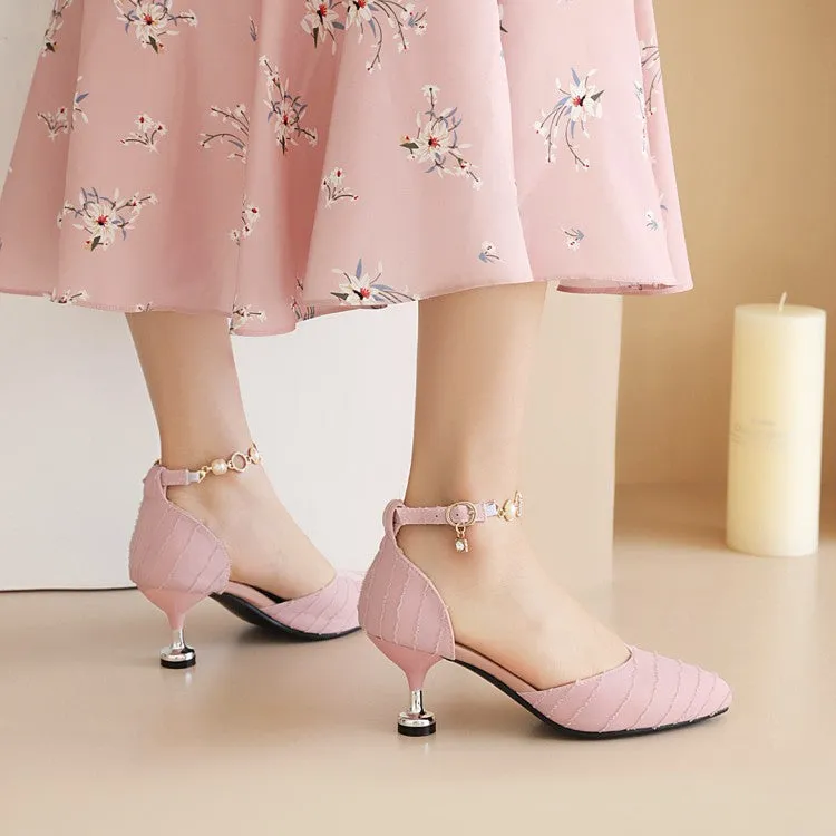 Women's Pointed Toe Hollow Out Metal Pearls Chains Ankle Strap Spool Heel Sandals