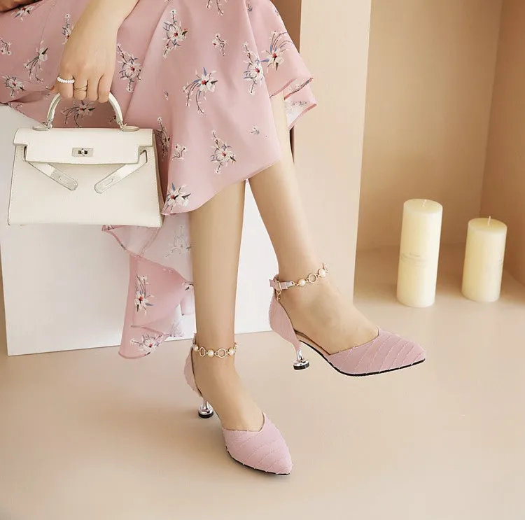 Women's Pointed Toe Hollow Out Metal Pearls Chains Ankle Strap Spool Heel Sandals