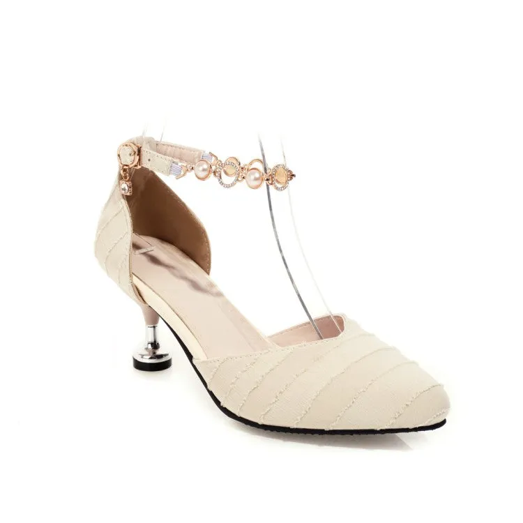 Women's Pointed Toe Hollow Out Metal Pearls Chains Ankle Strap Spool Heel Sandals