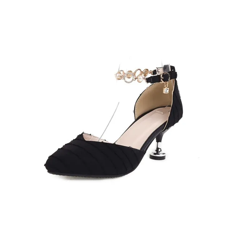 Women's Pointed Toe Hollow Out Metal Pearls Chains Ankle Strap Spool Heel Sandals