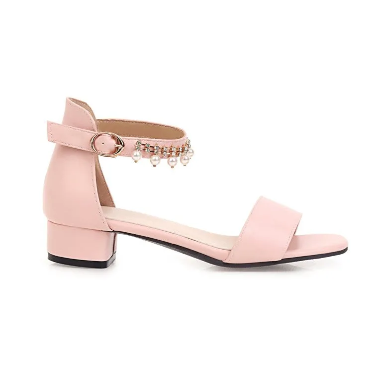 Women's Solid Color Ankle Strap Pearls Hollow Out Block Heel Low Heels Sandals