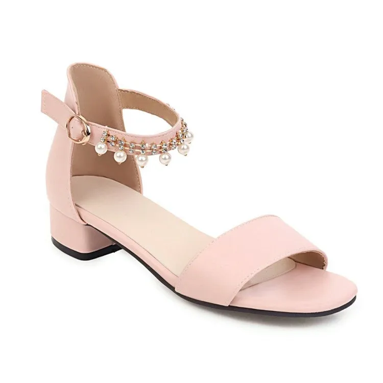 Women's Solid Color Ankle Strap Pearls Hollow Out Block Heel Low Heels Sandals