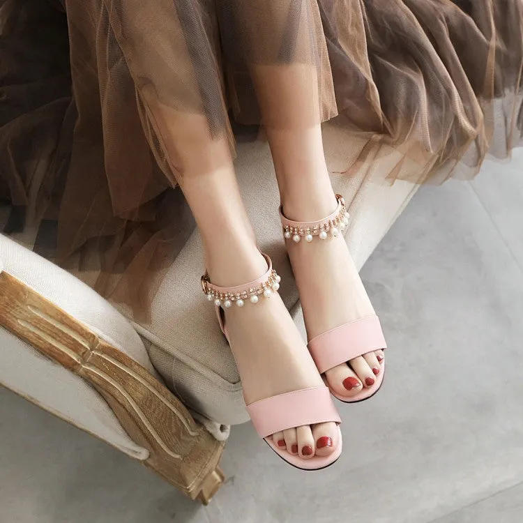 Women's Solid Color Ankle Strap Pearls Hollow Out Block Heel Low Heels Sandals