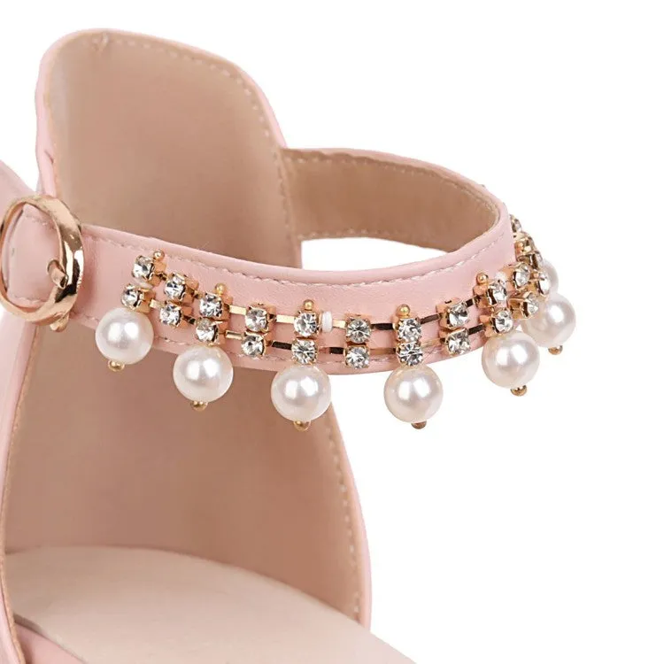 Women's Solid Color Ankle Strap Pearls Hollow Out Block Heel Low Heels Sandals