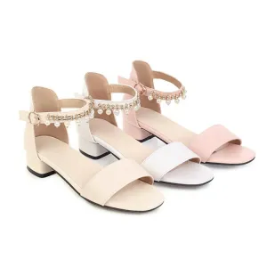 Women's Solid Color Ankle Strap Pearls Hollow Out Block Heel Low Heels Sandals