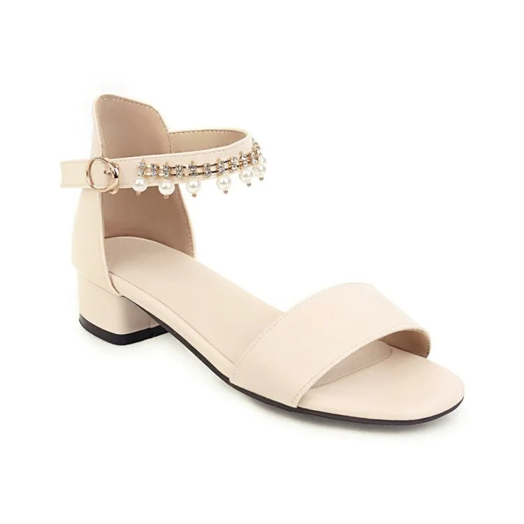 Women's Solid Color Ankle Strap Pearls Hollow Out Block Heel Low Heels Sandals