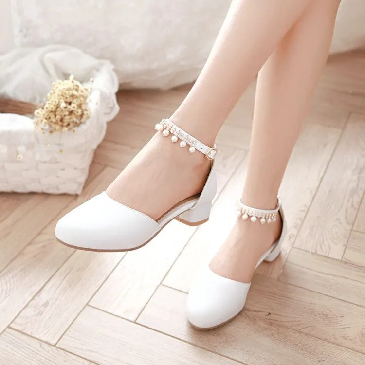 Women's Solid Color Round Toe Hollow Out Pearls Ankle Strap Block Heel Low Heels Sandals